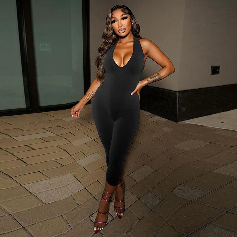 Women's Halterneck Deep V Neck Backless Jumpsuit