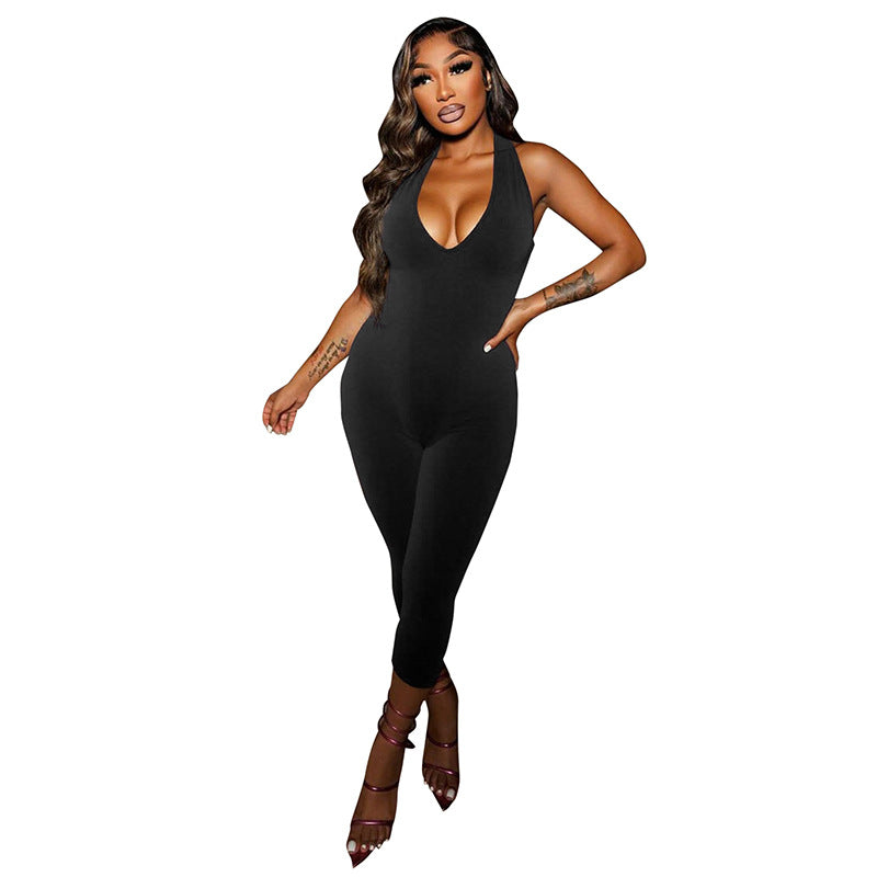 Women's Halterneck Deep V Neck Backless Jumpsuit