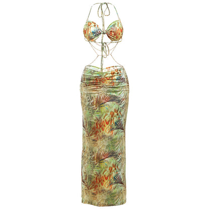 Women's Hanging Neck Bead Chain Slim-fit Backless Dress