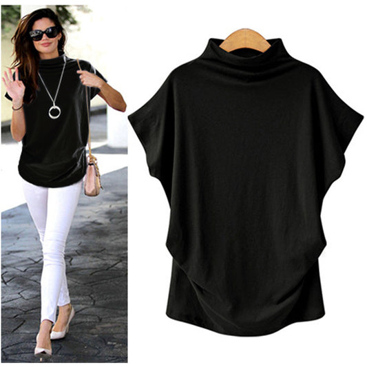 Women's High Collar Bat Sleeve T-Shirt - Cotton Blend