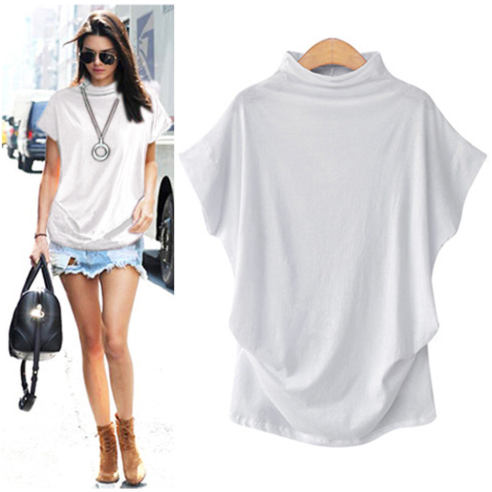 Women's High Collar Bat Sleeve T-Shirt - Cotton Blend