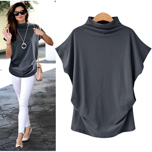 Women's High Collar Bat Sleeve T-Shirt - Cotton Blend