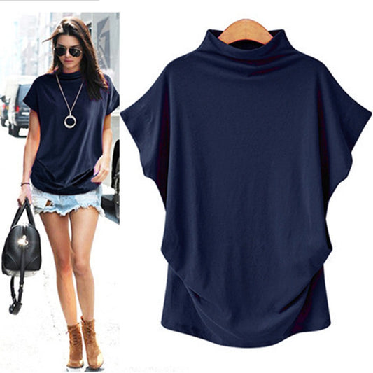 Women's High Collar Bat Sleeve T-Shirt - Cotton Blend