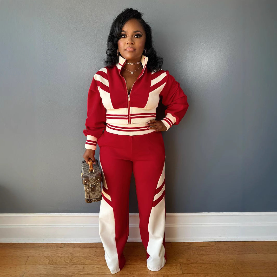 Women's High Collar Zipper Top and Trousers Set