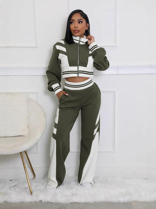 Women's High Collar Zipper Top and Trousers Set