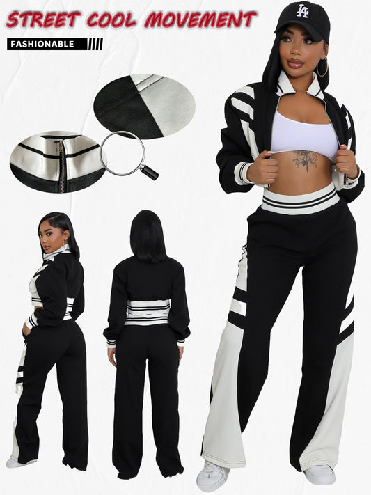 Women's High Collar Zipper Top and Trousers Set
