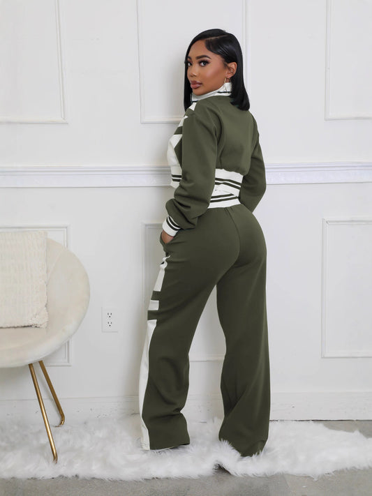 Women's High Collar Zipper Top and Trousers Set