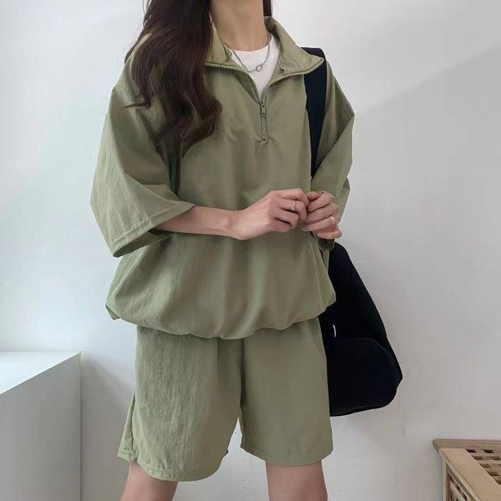 Women's High Collar Zipper Two-Piece Set