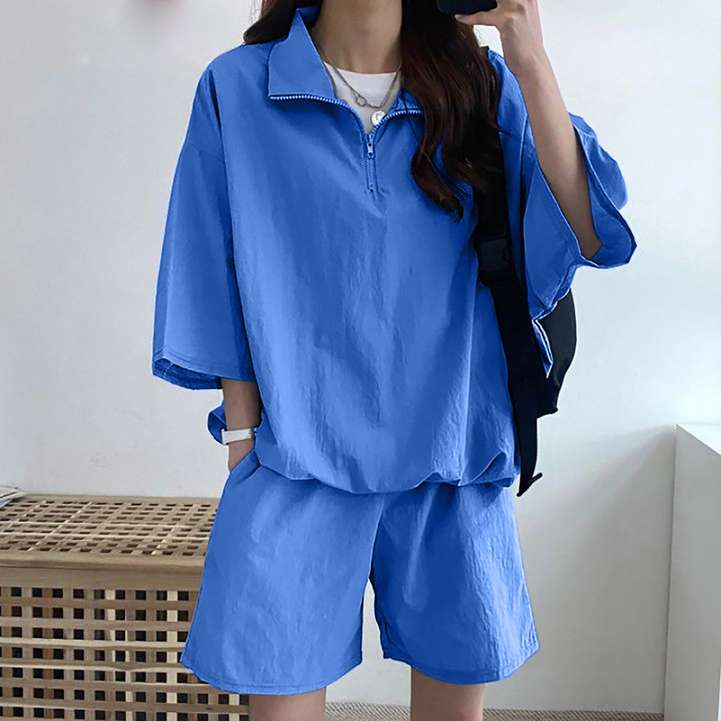 Women's High Collar Zipper Two-Piece Set