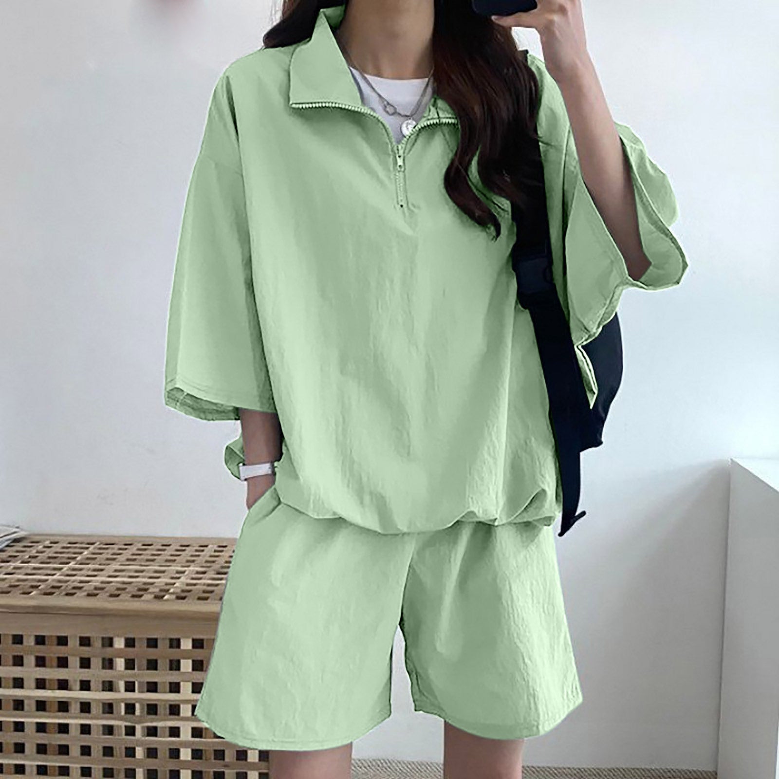 Women's High Collar Zipper Two-Piece Set