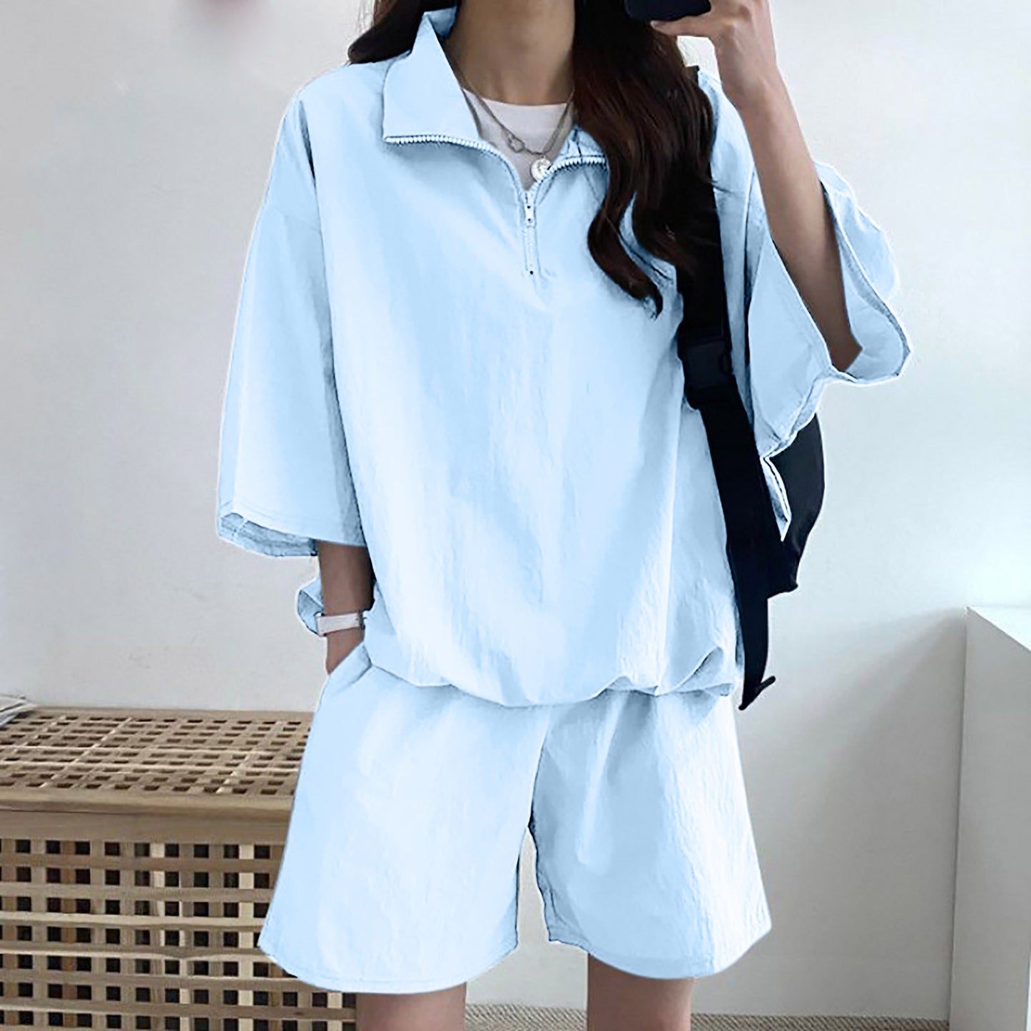 Women's High Collar Zipper Two-Piece Set