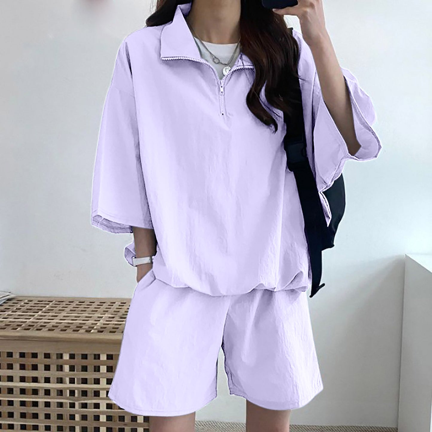 Women's High Collar Zipper Two-Piece Set