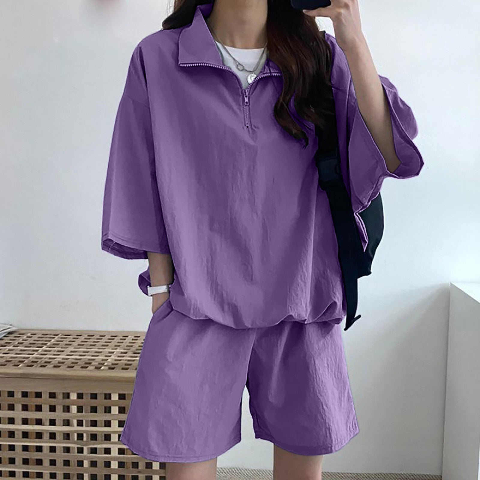 Women's High Collar Zipper Two-Piece Set