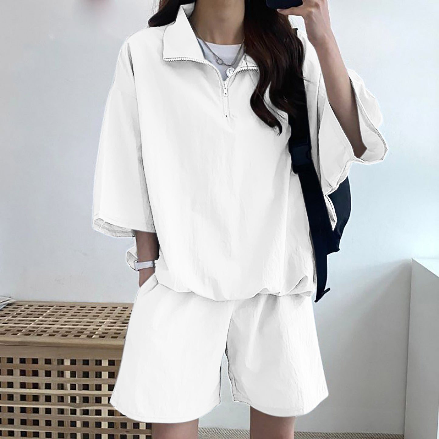 Women's High Collar Zipper Two-Piece Set
