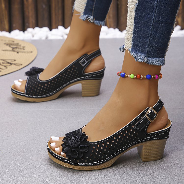 Women's High-Heeled Sandals with Hollow Flower Design