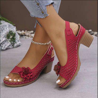 Women's High-Heeled Sandals with Hollow Flower Design