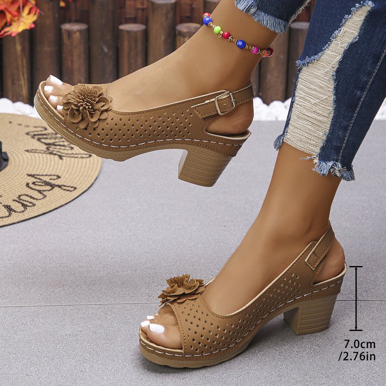Women's High-Heeled Sandals with Hollow Flower Design
