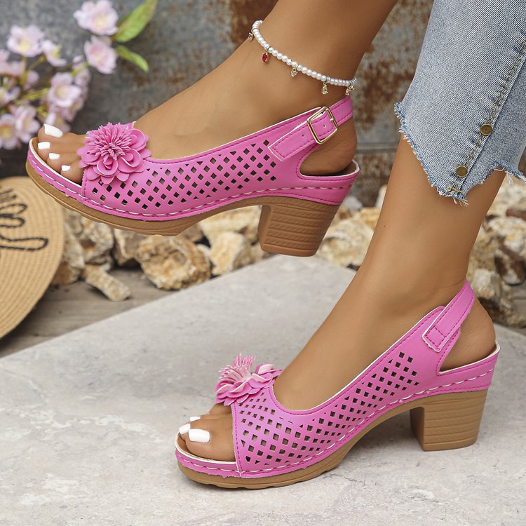 Women's High-Heeled Sandals with Hollow Flower Design