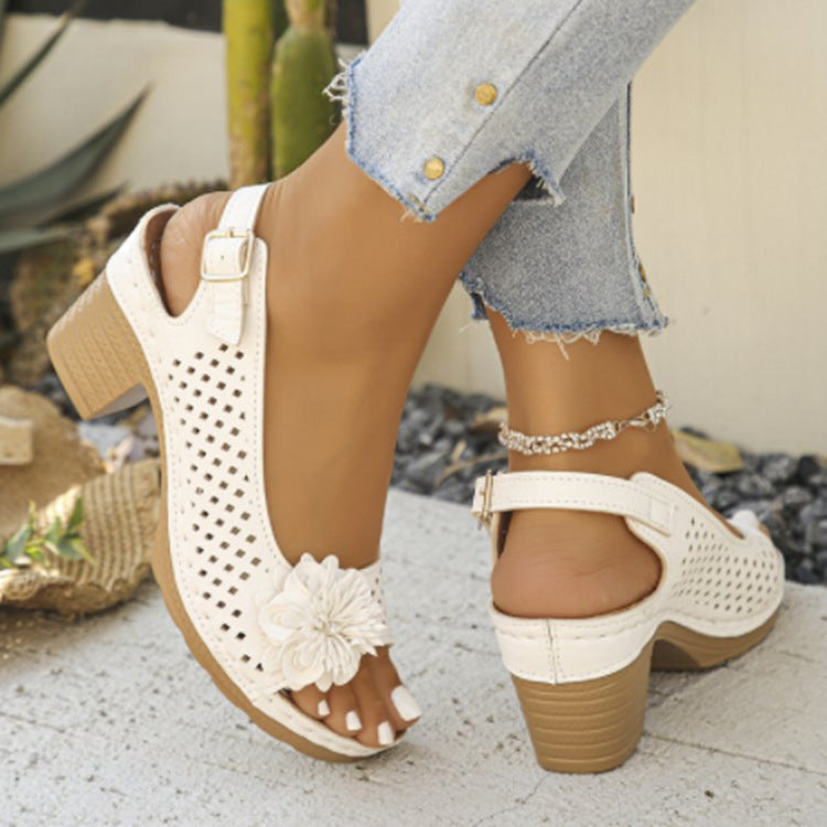 Women's High-Heeled Sandals with Hollow Flower Design