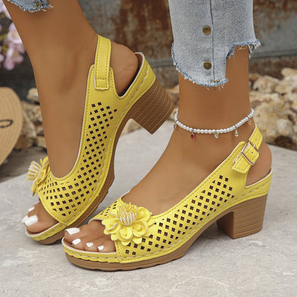 Women's High-Heeled Sandals with Hollow Flower Design