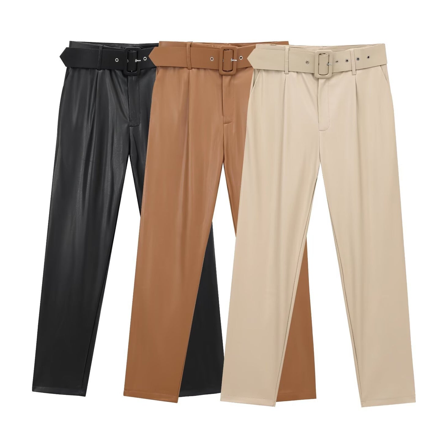Women's High Waist Belted Leather Pants