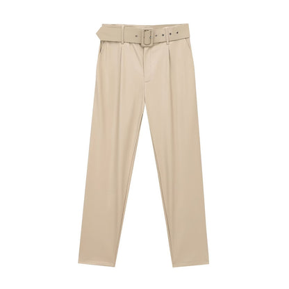 Women's High Waist Belted Leather Pants