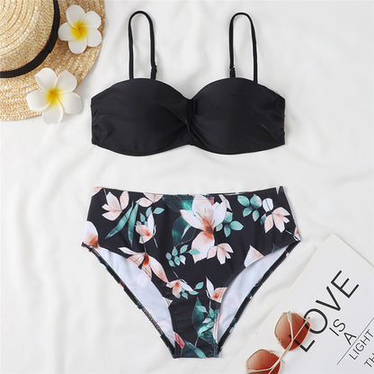 Women's High Waist Bikini Swimsuit with Steel Bracket - Sexy Leopard Print & Floral Design