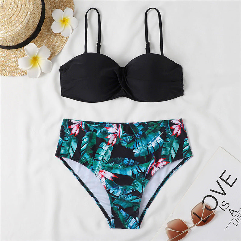 Women's High Waist Bikini Swimsuit with Steel Bracket - Sexy Leopard Print & Floral Design