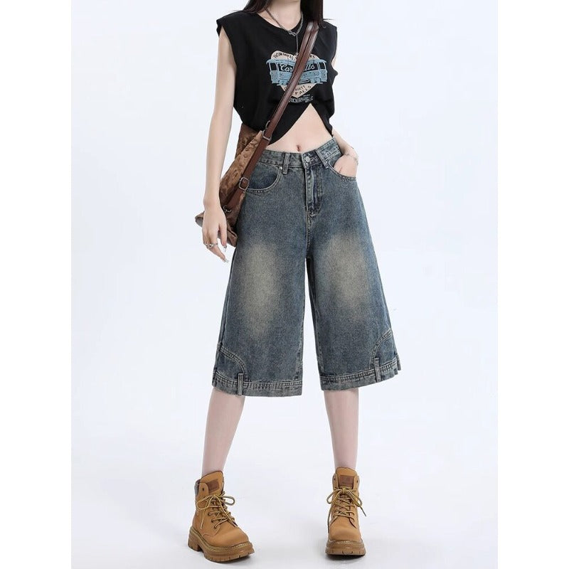 Women's High Waist Denim Knee-Length Shorts