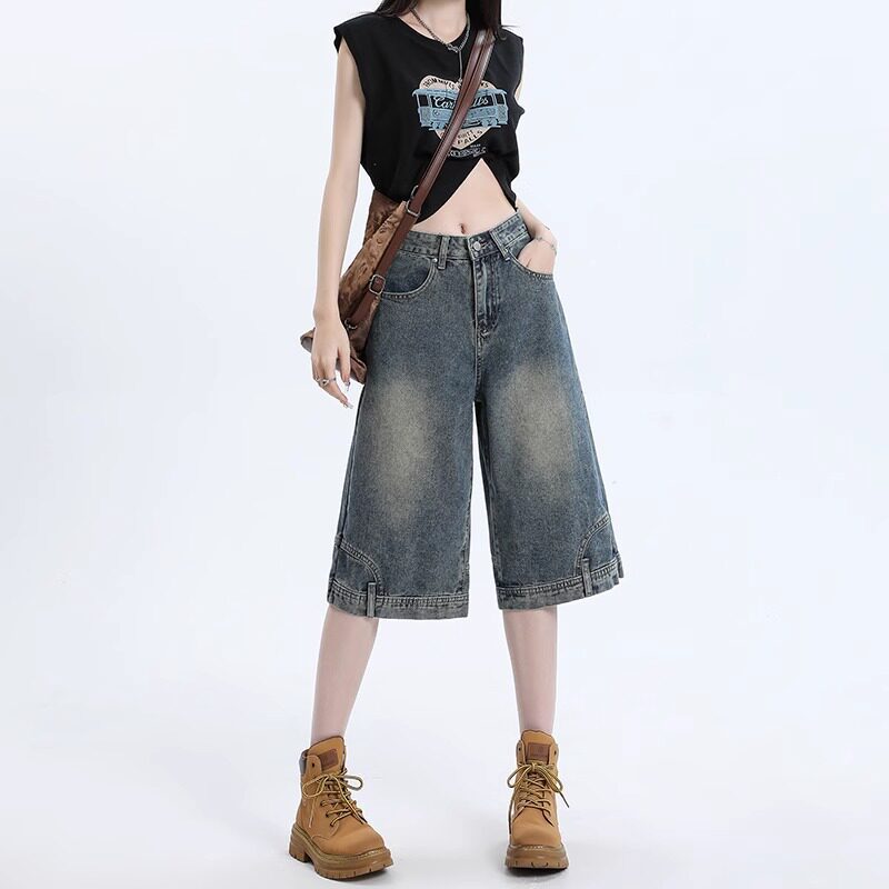 Women's High Waist Denim Knee-Length Shorts