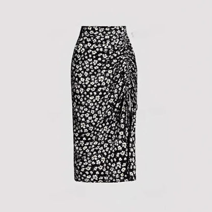 Women's High Waist Floral Print Drawstring Vented Hip Skirt
