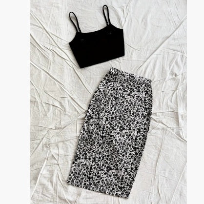 Women's High Waist Floral Print Drawstring Vented Hip Skirt