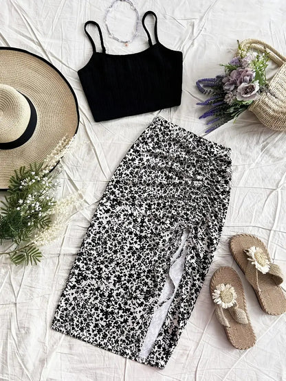 Women's High Waist Floral Print Drawstring Vented Hip Skirt