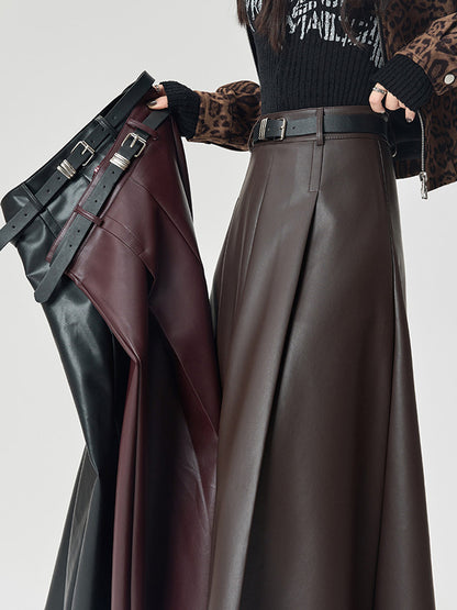 Women's High Waist PU Leather Pleated Skirt
