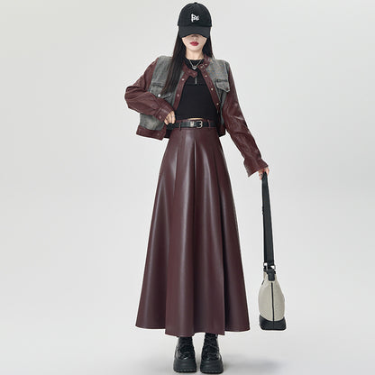Women's High Waist PU Leather Pleated Skirt