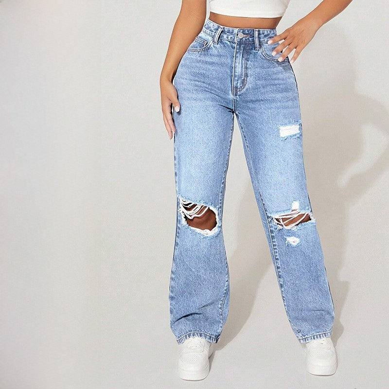 Women's High Waist Straight Leg Denim Pants
