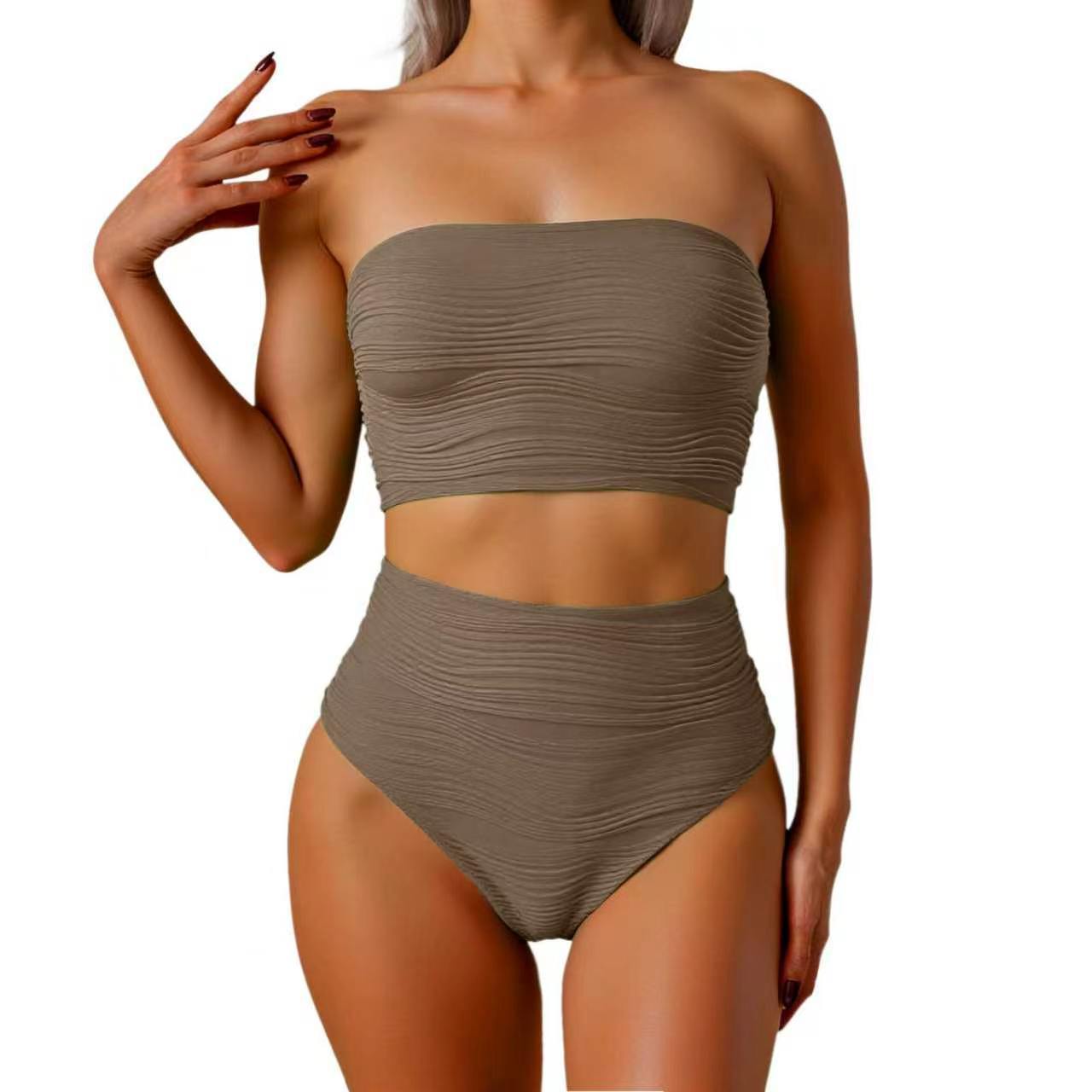 Women's High-Waisted Bikini Set with Strapless Top