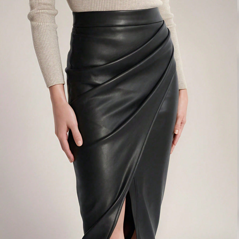 Women's High-Waisted PU Leather Bodycon Skirt with Side Slit