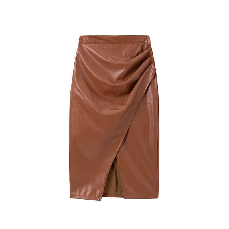 Women's High-Waisted PU Leather Bodycon Skirt with Side Slit