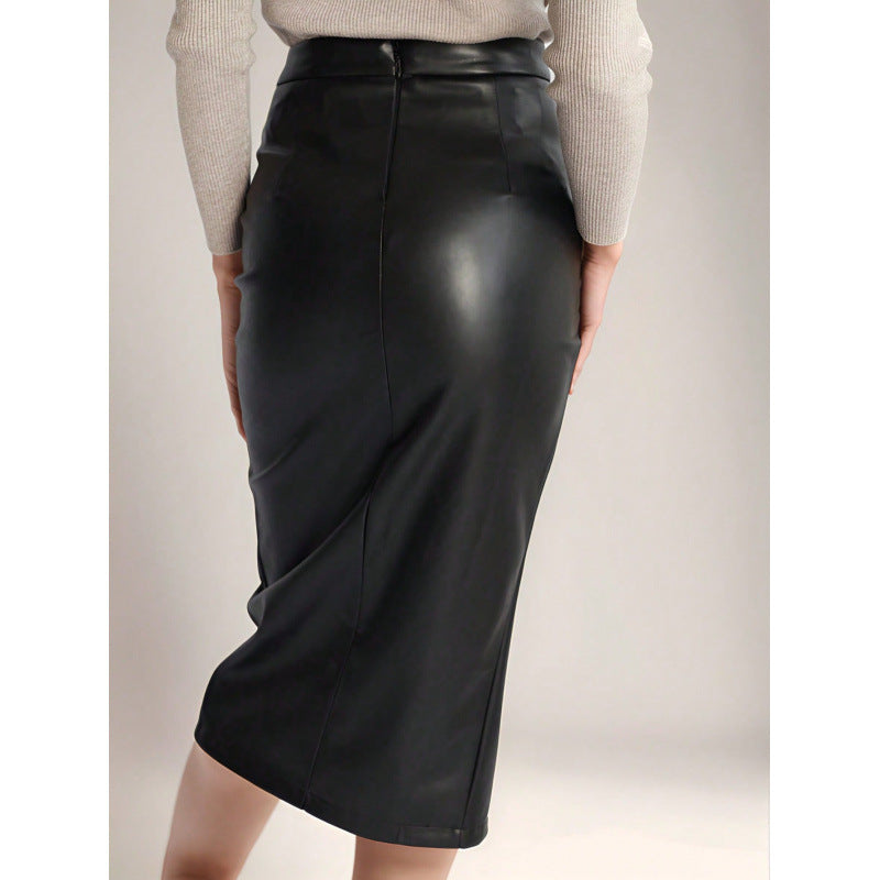 Women's High-Waisted PU Leather Bodycon Skirt with Side Slit