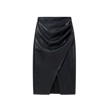 Women's High-Waisted PU Leather Bodycon Skirt with Side Slit