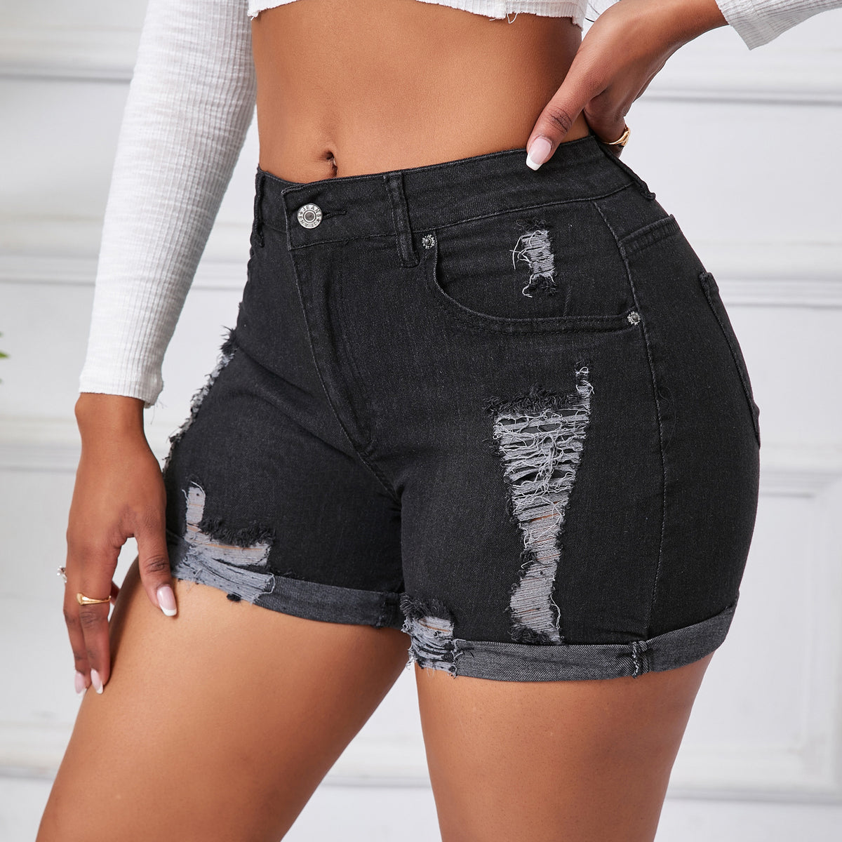 Women's High-Waisted Ripped Denim Shorts