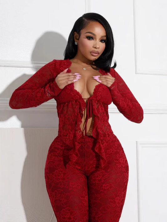 Women's Hollow-out Long Sleeve Shirt and Pants Set