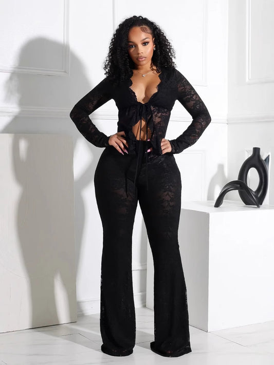 Women's Hollow-out Long Sleeve Shirt and Pants Set