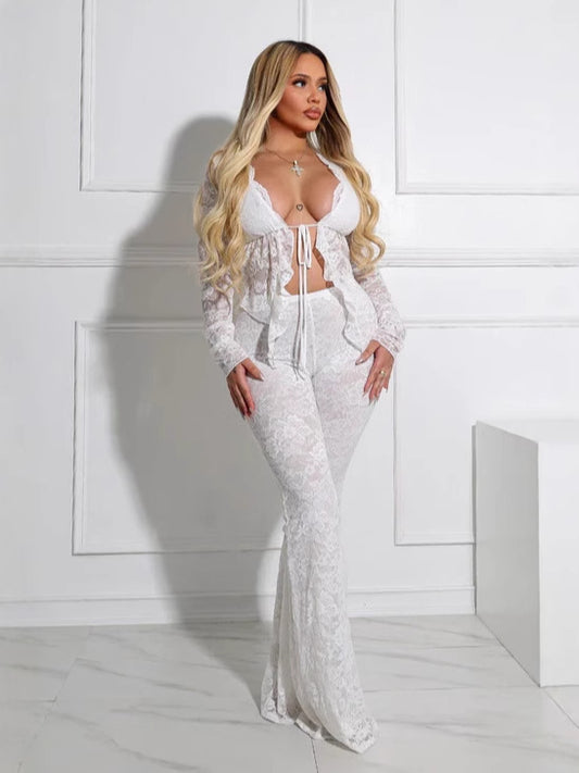 Women's Hollow-out Long Sleeve Shirt and Pants Set