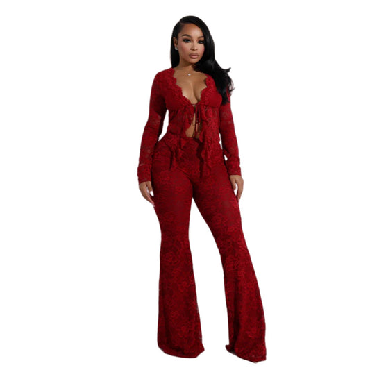 Women's Hollow-out Long Sleeve Shirt and Pants Set