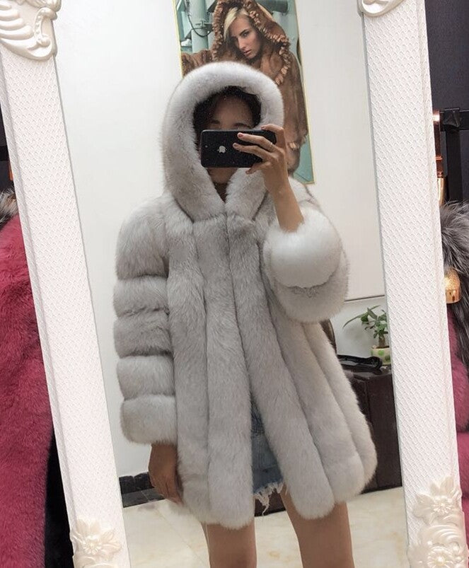 Women's Hooded Fox Fur Coat Winter Fashion