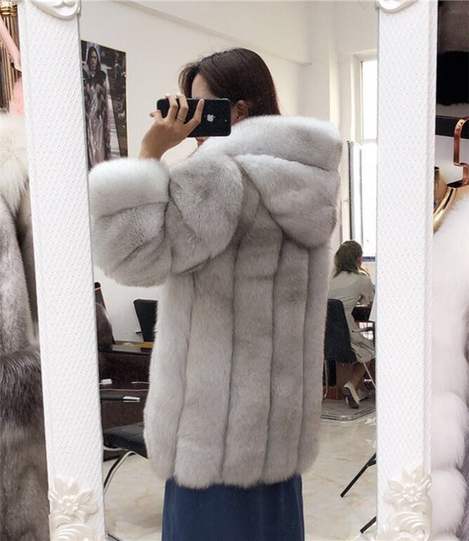 Women's Hooded Fox Fur Coat Winter Fashion