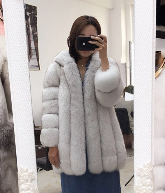 Women's Hooded Fox Fur Coat Winter Fashion