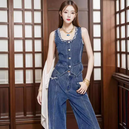 Women's Ice Silk Denim Vest and Wide Leg Trousers